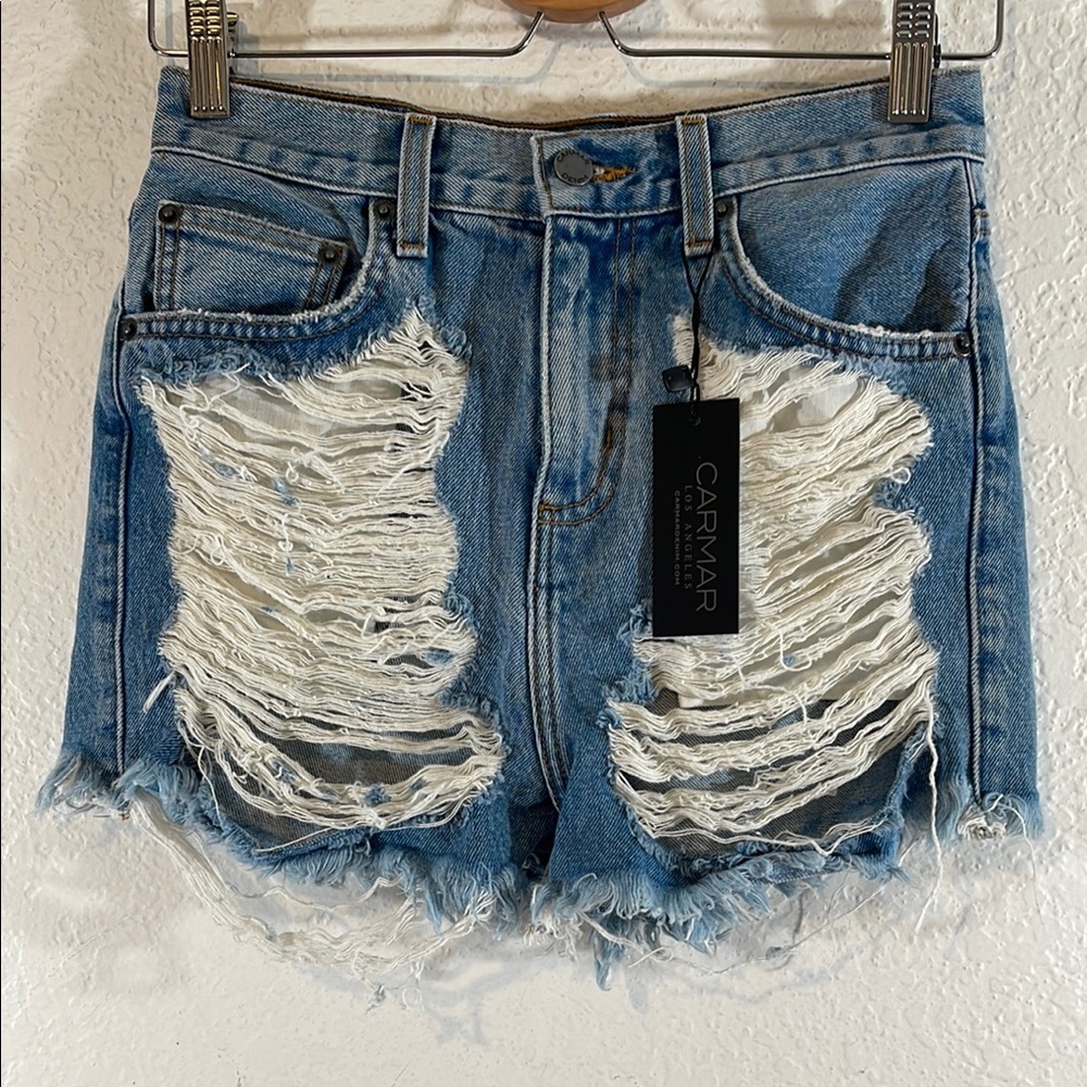 CARMAR Alice High Rise Distressed Raw Hem Denim Shorts With Pockets Size 27 NEW